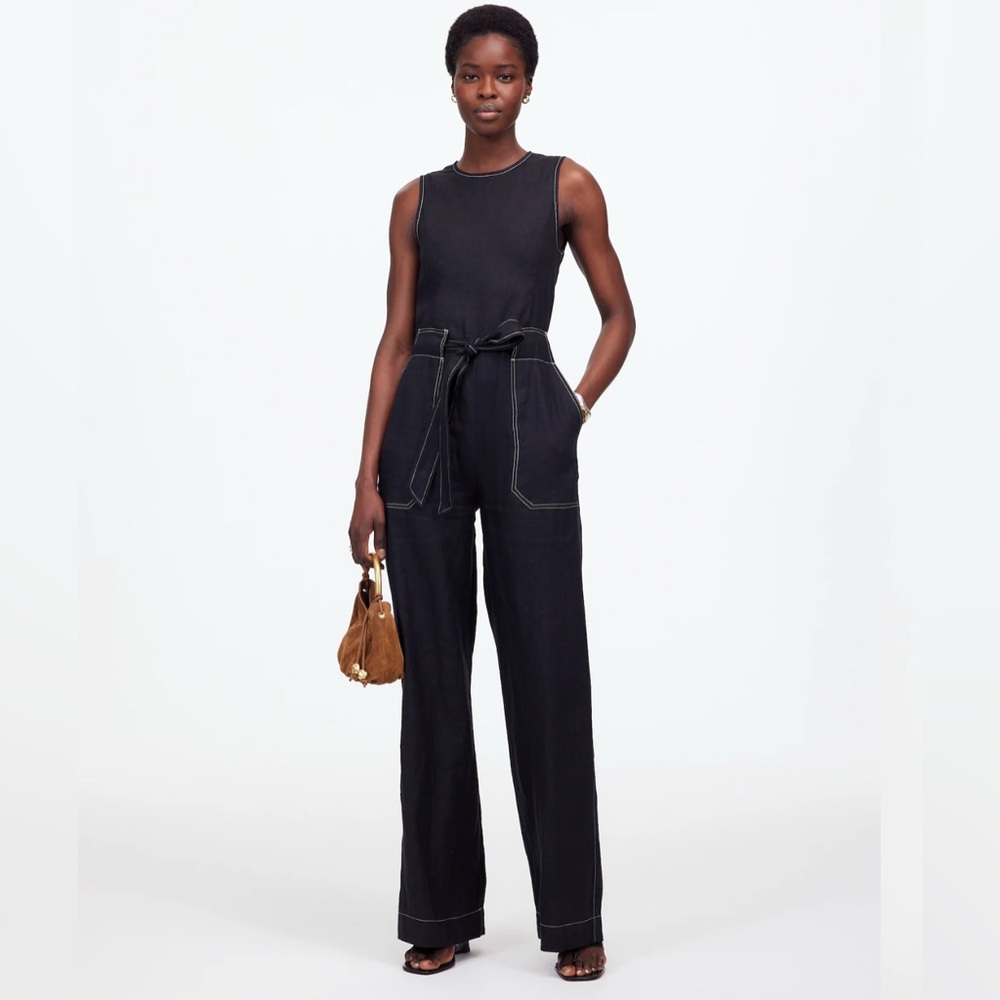 Madewell Contrast-Stitch Relaxed Straight-Leg Jumpsuit Linen Black Size 8